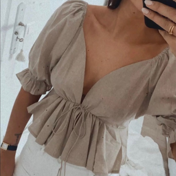 Top T-Shirt puff sleeve peplum khaki linen cotton linen - Picture 7 of 8